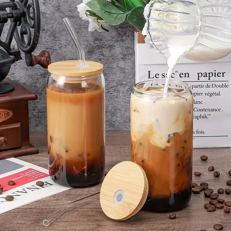 6pcs drinking glasses with bamboo lids and glass straw 16 oz can shaped glass cups for beer ice tumbler cup great for soda boba tea cocktail 2 cleaning brushes Product details 3