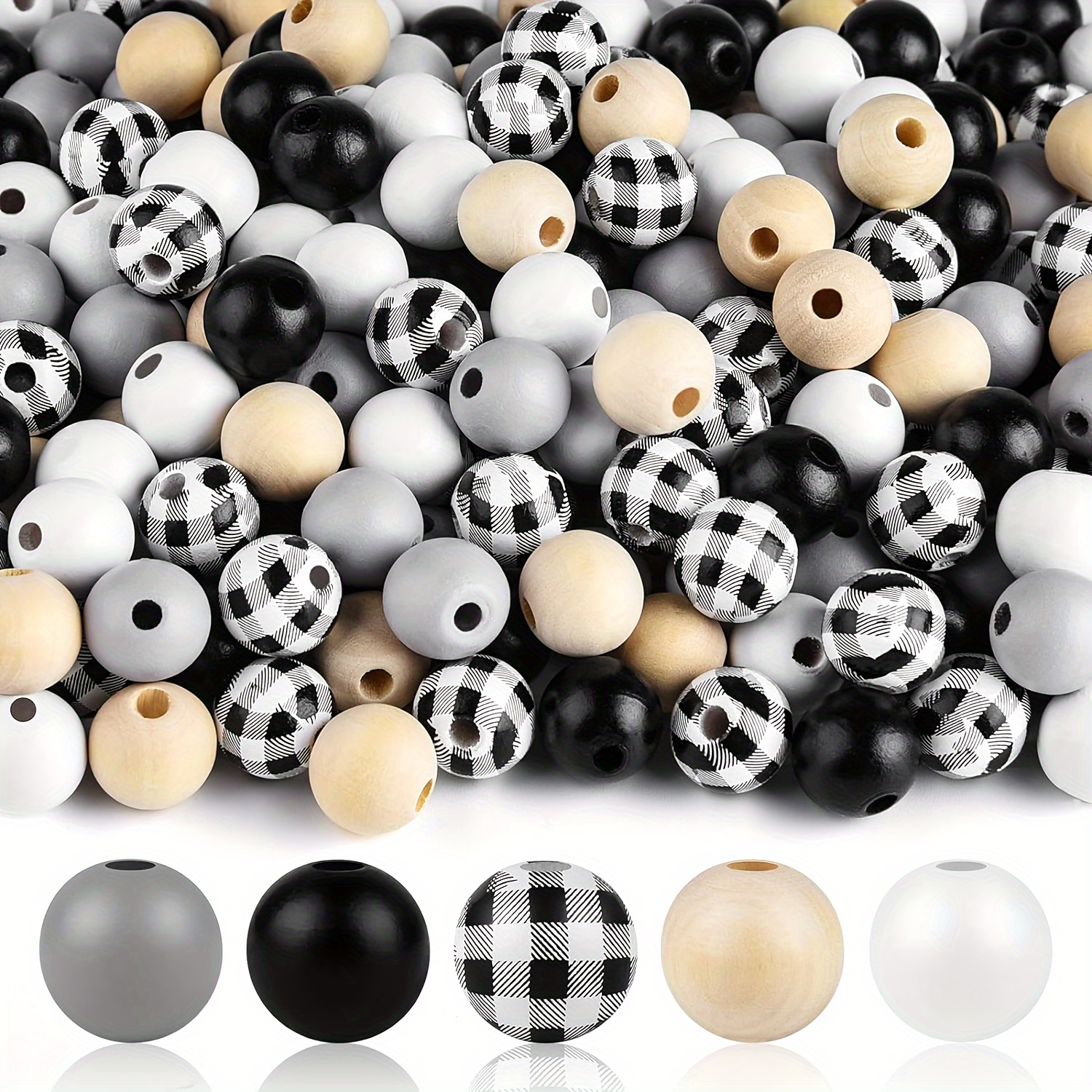 

50-pack Checkered Wooden Beads, 16mm Farmhouse Plaid Print Natural Wood Buffalo Craft Beads For Home Decor, Diy Crafting Supplies