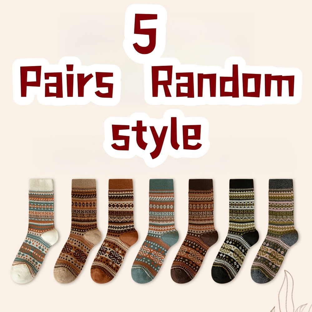 

5 Pairs Men's Mid-calf Socks, Tribal Style Knit Fabric, 95% Polyester 5% Spandex, Hand Wash/, Vintage Fashion