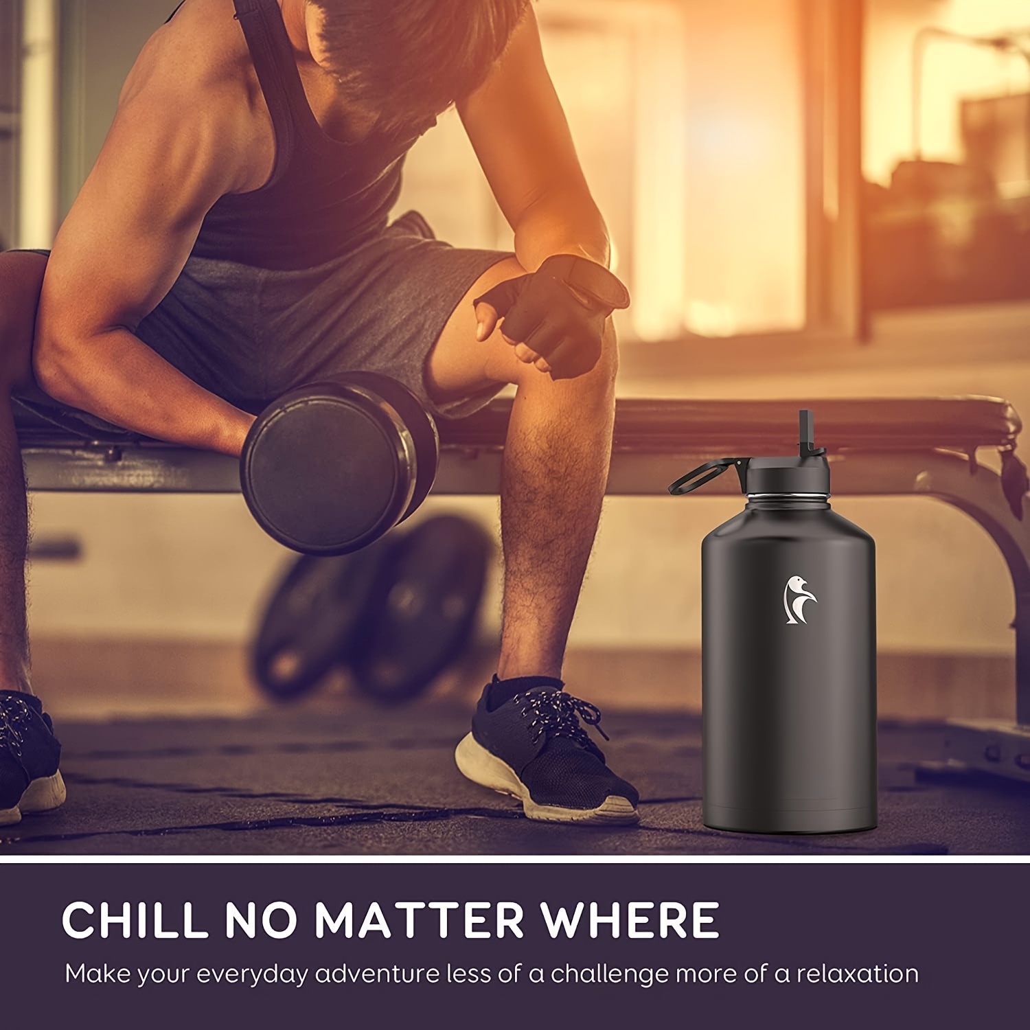 1pc Bouteille d'eau d'un gallon isolée avec paille et 3 couvercles, 128 oz grande carafe d'eau en acier inoxydable à double paroi sous vide à large ouverture pour le sport, la salle de sport ou le bureau, sans BPA, garde le froid pendant 48 heures et le chaud pendant 24 heures, bleu noir/noir