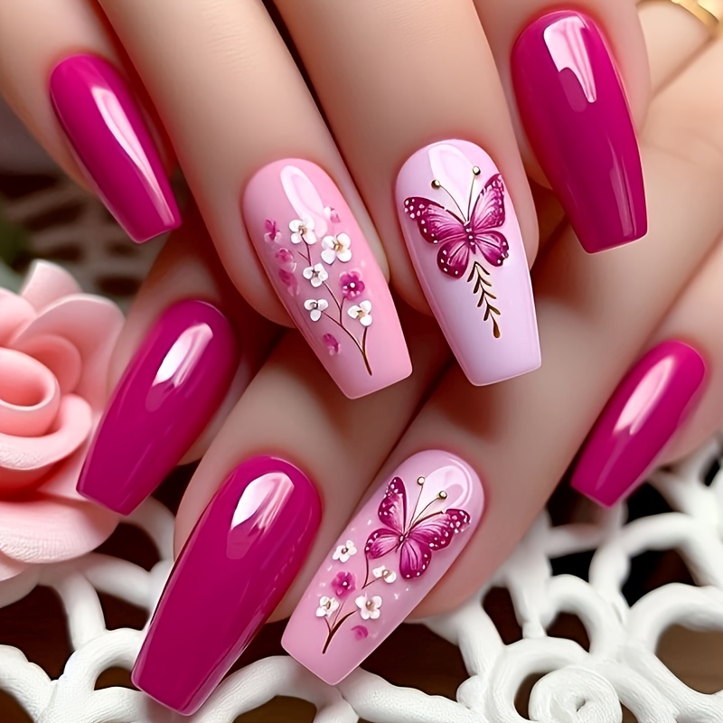 96 unhas postiças de comprimento médio em forma de bailarina com designs florais e de borboletas brilhantes 3