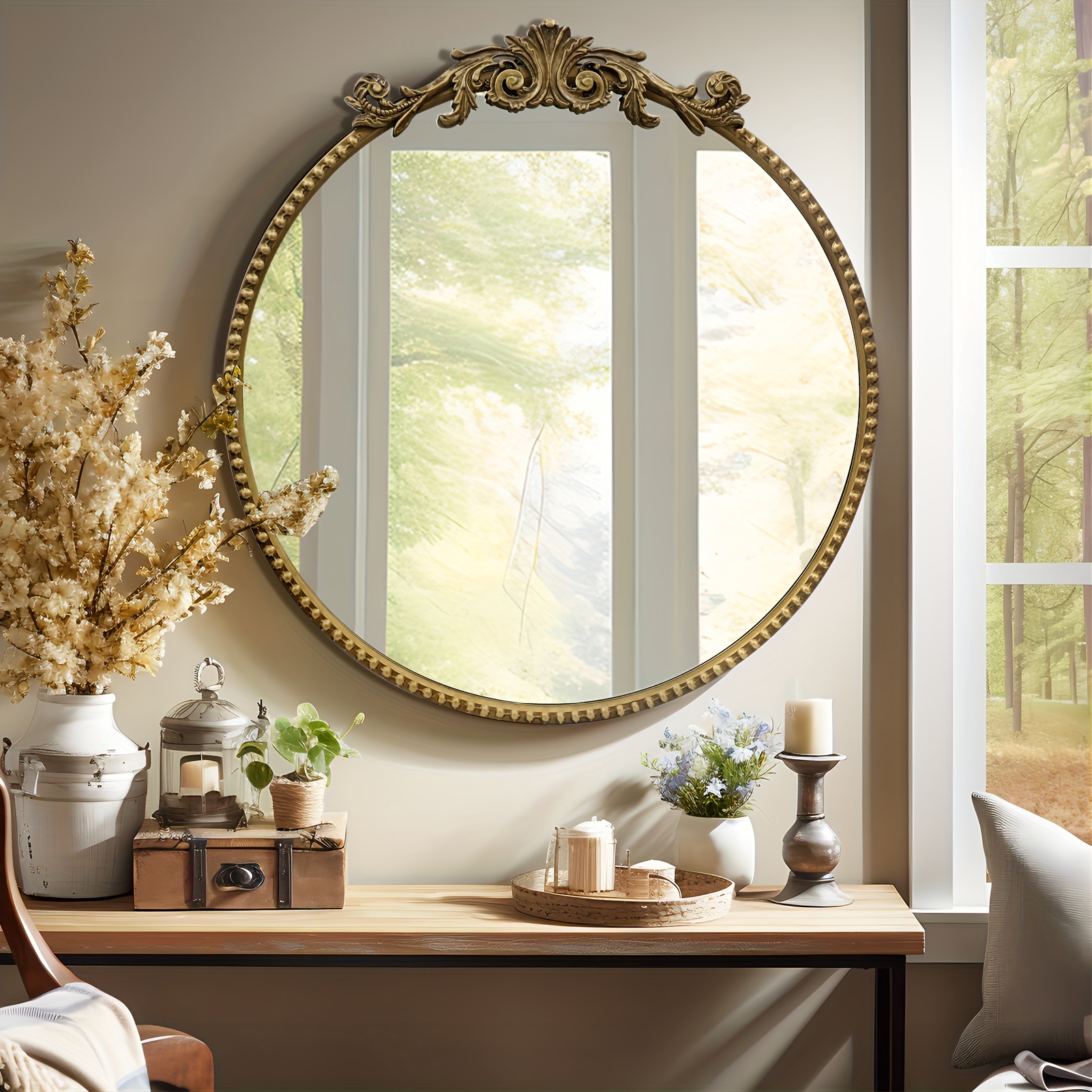 28" Vintage Baroque Round Metal Wall Mirror