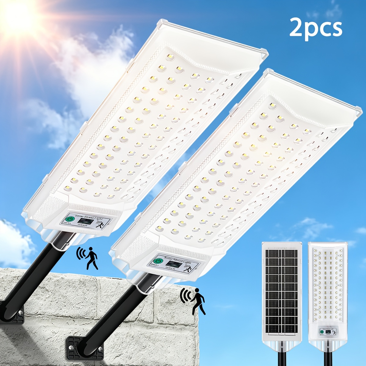 TEMU 2pcs Solar Street Lamp For Outdoor Use, 13000 , 6500k, Ip65 Led Floodlight With Motion Sensor, Automatic Lighting From Dusk To Dawn, External ,