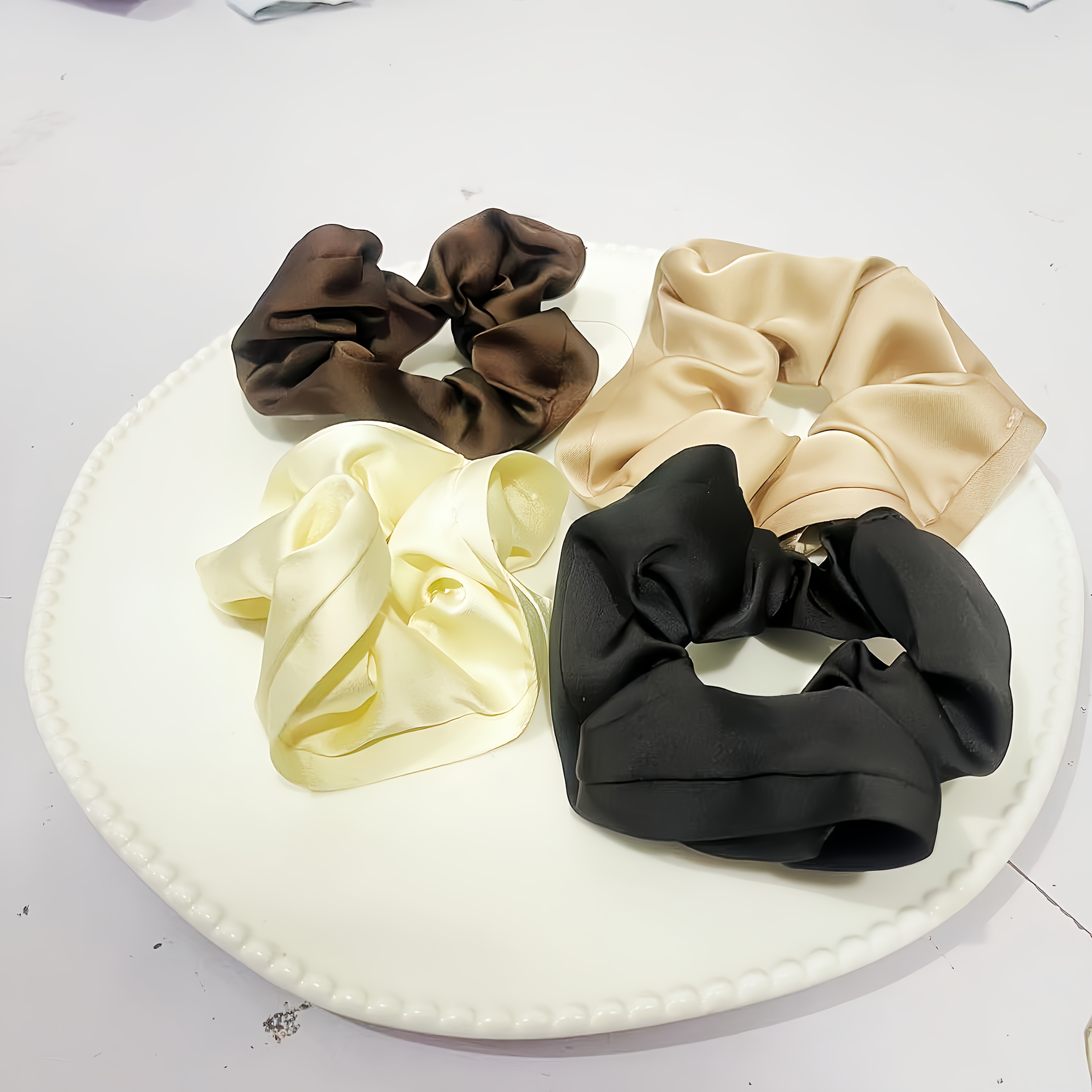 Image of 4pcs Set Of Rad Satin Rolled Edge Scrunchies, High-elasticity Bud Hair Ties, High-quality Hair Rings, Low- Gentle Style Accessories For Bun Hairstyles
