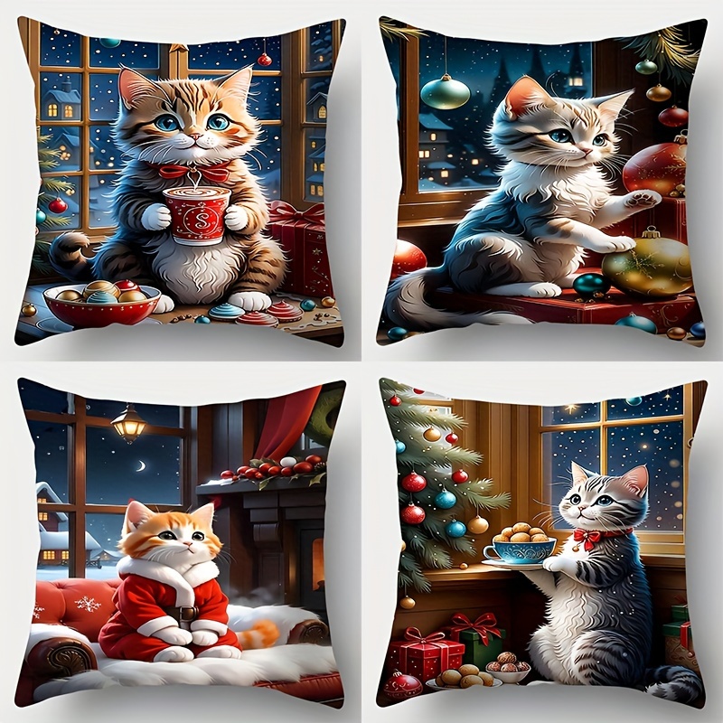 

4pcs Christmas Cat , 17.7x17.7 , , - , , Zippered Polyester For Decor, Jit
