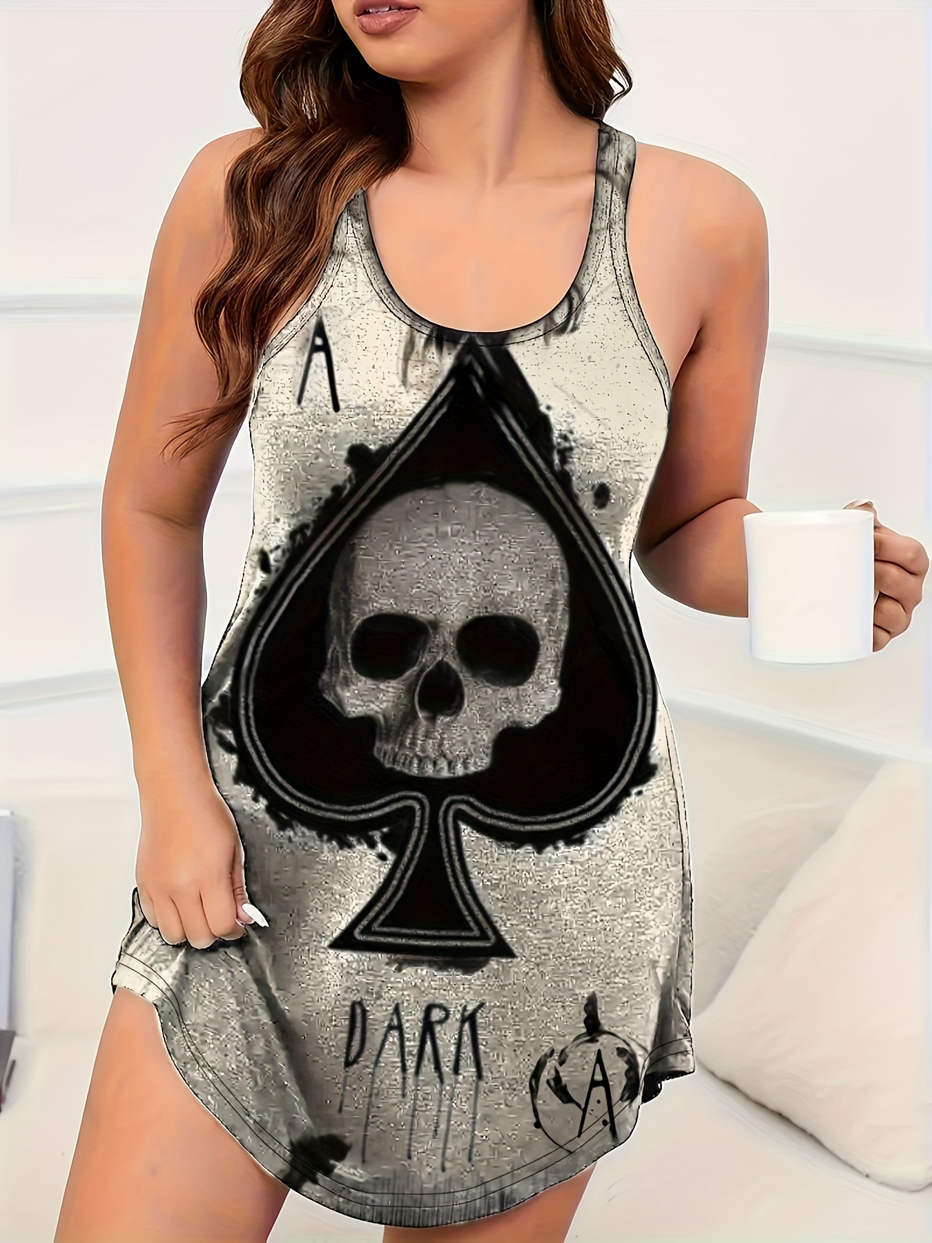 skull poker print lounge dress casual round neck racer back tank dress womens loungewear details 3