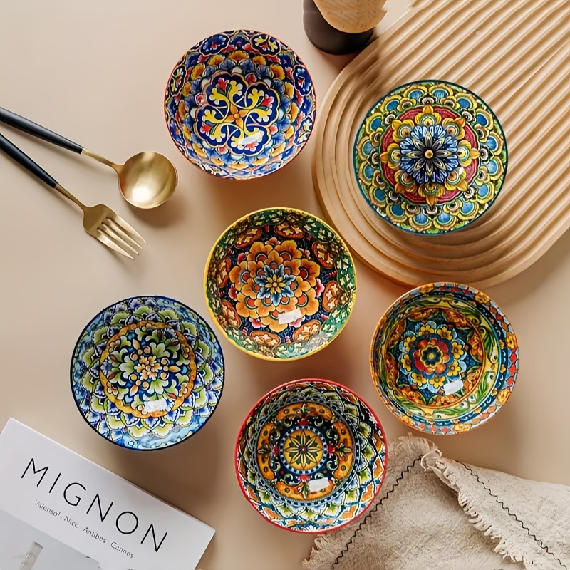 TEMU 6pcs Bohemian Ceramic Bowl Set | Colorful Mediterranean-style Tableware With Mandala And , Suitable For Family , Includes Round Soup Bowls,