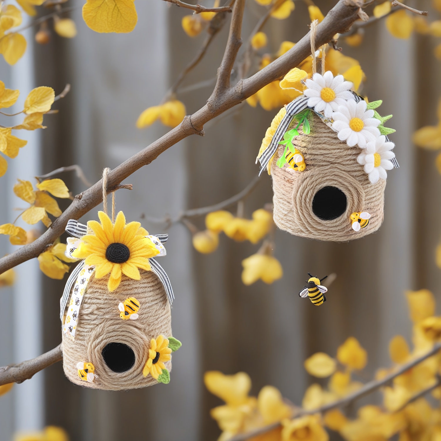 

2pcs Beehive Decorations - Mini Jute Honeycomb Nests With Sunflower & Bee Accents For Layered Tray Displays, Bee-themed Parties & Home Decor, Bee Decor