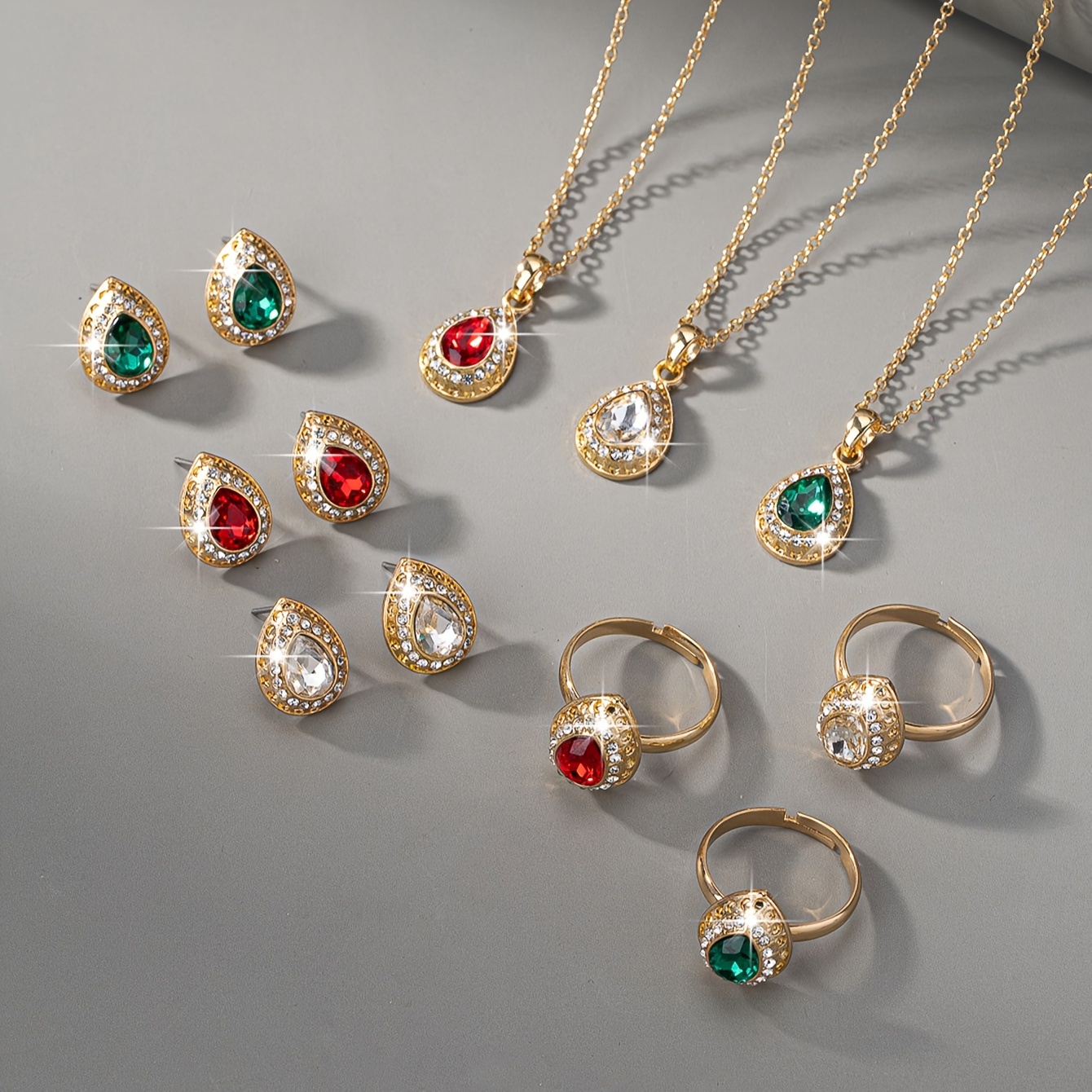 

Vintage Elegant 18k Gold Plated Jewelry Set With Rhinestone Accents, Zinc Alloy Tear-drop Earrings, Necklace, And Ring Combo For Women - Ideal For Daily Wear And Special Occasions