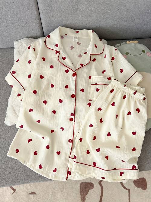 item picture womens 2pcs pajama set autumn heart print short sleeve top and shorts sweet and cute suitable for outdoor wear home loungewear set 2pcs set for spring autumn and summer lightweight room wear apricot color
