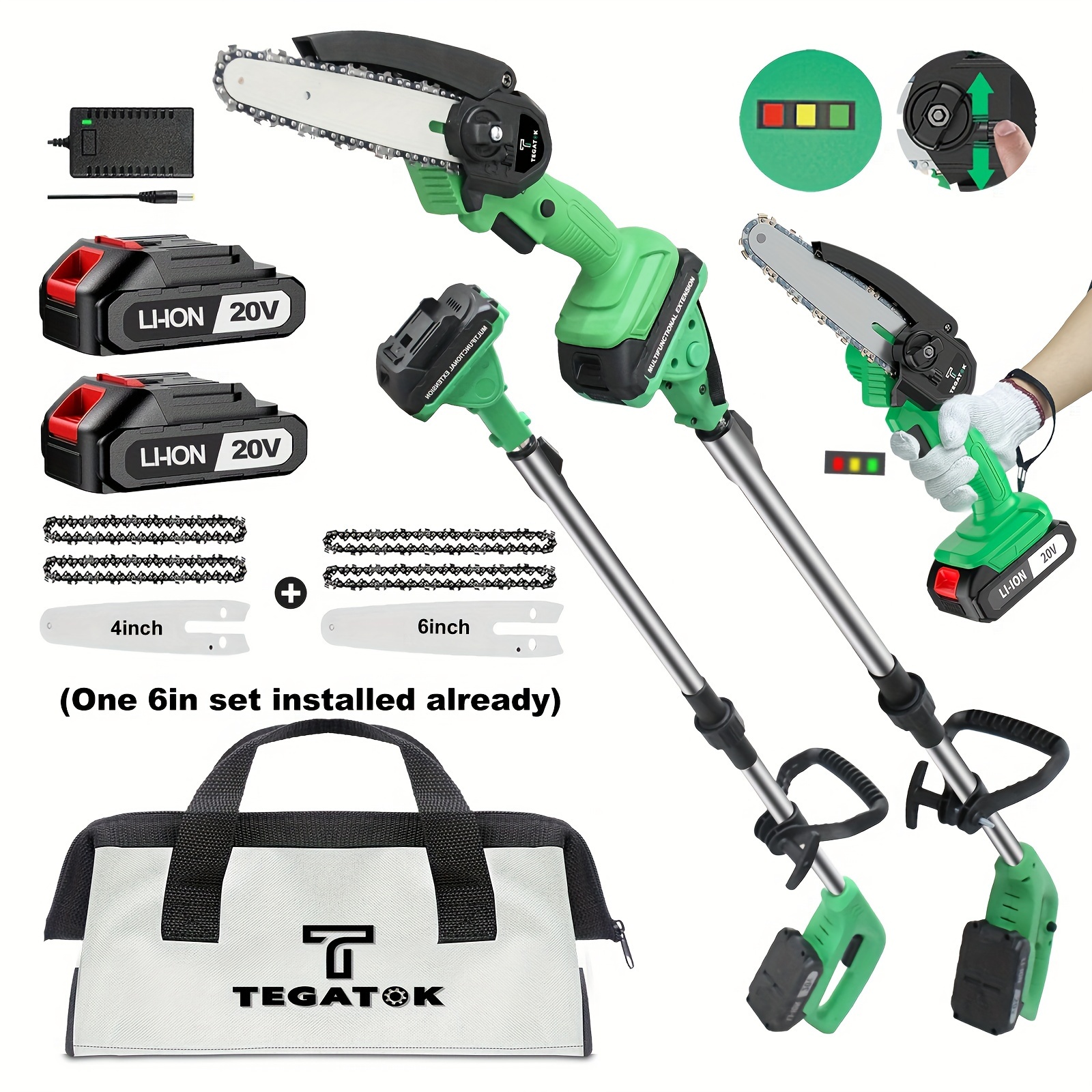 

Tegatok 6-in Mini Chain Saw With 5.8 Ft Extendable Rod, 2 Batteries And , 2-in-1 Cordless Pole Saw, Small Handheld Portable Chainsaw Battery Powered Chain Saw For Cutting Wood Trimming And Woodworking