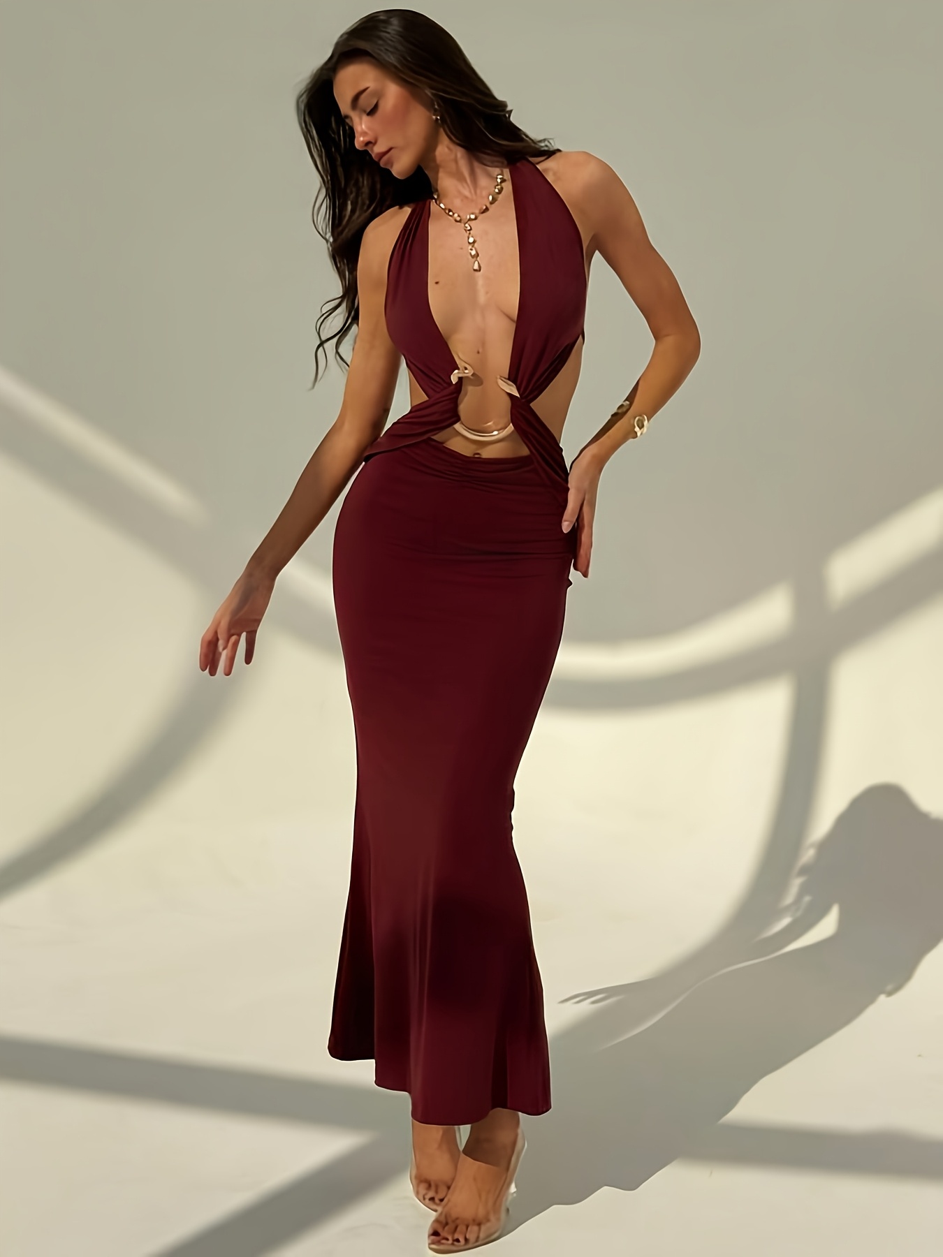 v neck halter evening gown hollow waist design - Temu New Zealand