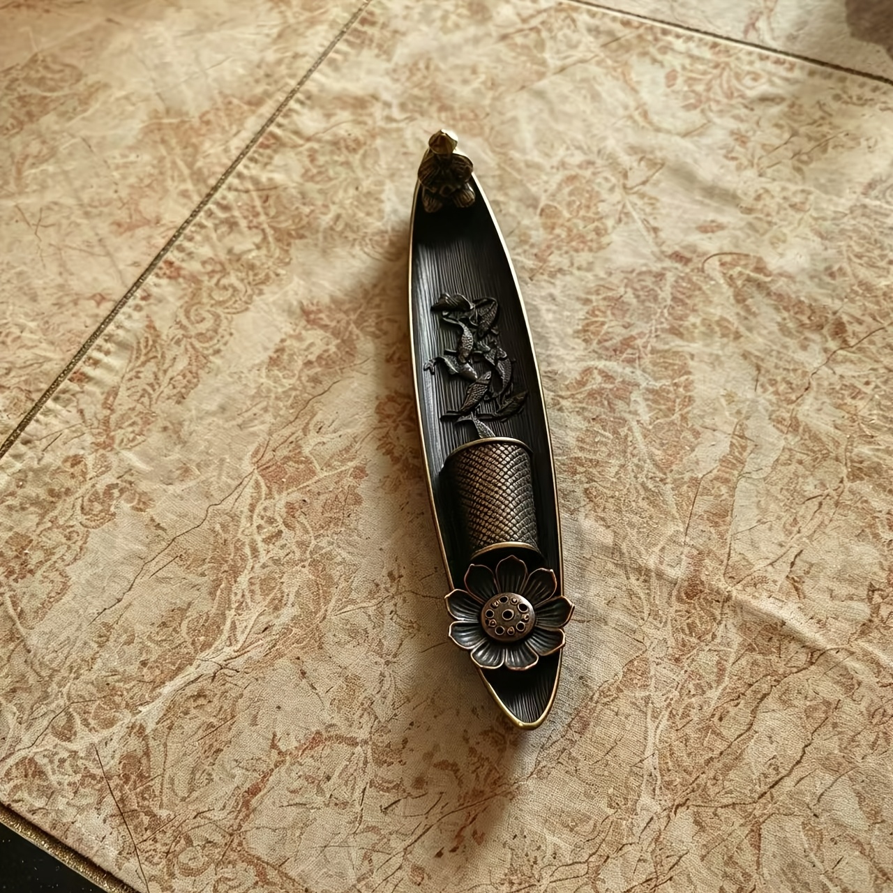 2pcs Retro Traditional Alloy Fishing Boat Shape + Plum Shape Incense Holder Set: retailer-supplied image