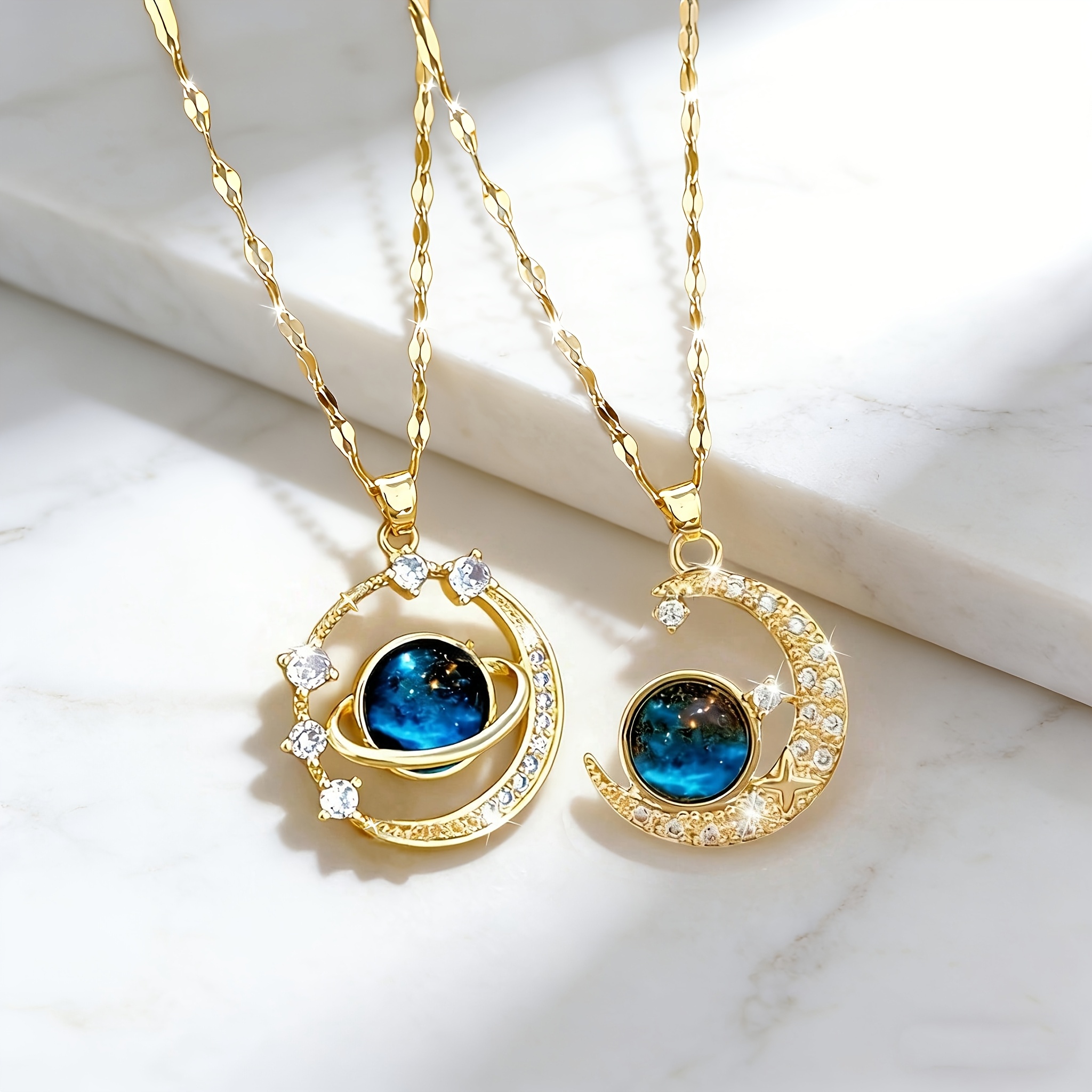 Image of 2pcs Elegant And Luxurious Studded Planet Moon Pendant Chain Necklace For Women's Fashion Jewelry Suitable For Daily Wear And Banquets. The Perfect Valentine's Day Gift For Girlfriends