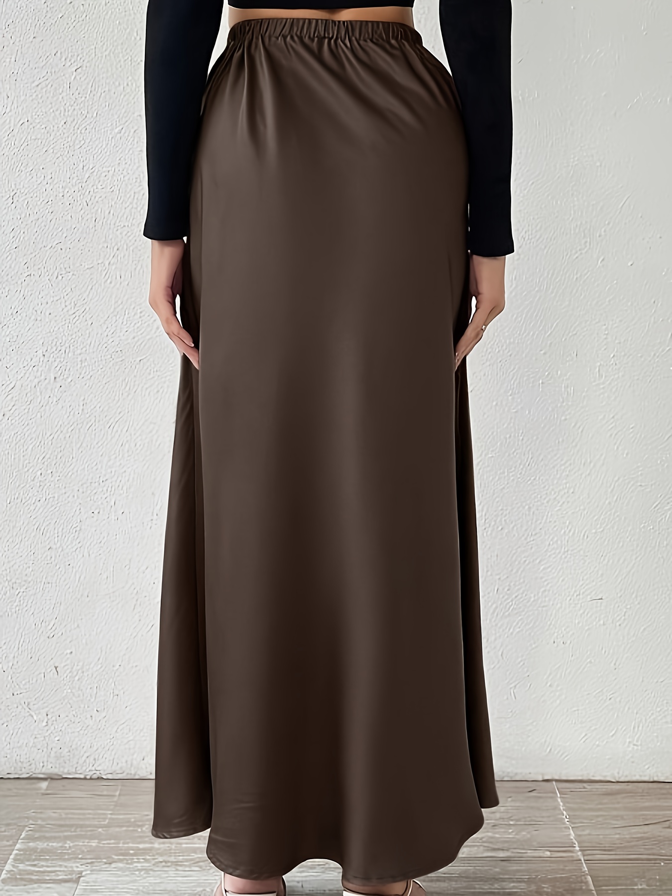elegant brown satin maxi skirt for women high waisted flowing design polyester fabric machine washable spring summer fashion summer outfit highwaisted skirt smooth texture details 0