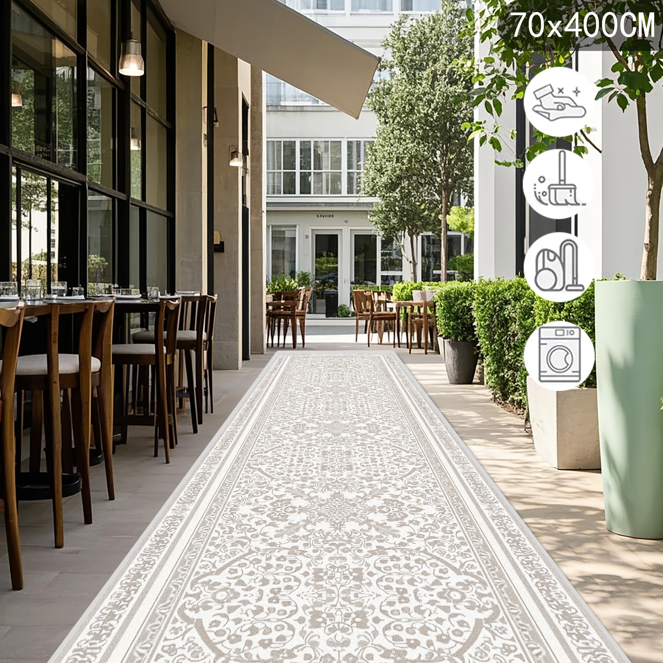 TEMU 1pc Bohemian Floral Pattern Outdoor Runner Mat - Non-slip, Machine Washable Polyester, Beige & For Patio, Balcony, Or Courtyard Decor, 70x400cm,