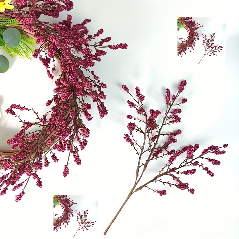 TEMU 3pcs Artificial Wine Red Twig Bouquet, Wreath Set - Piece, Bohemian Home Decor Wedding Decoration Engagement Party Arrangement Faux Flower Plant