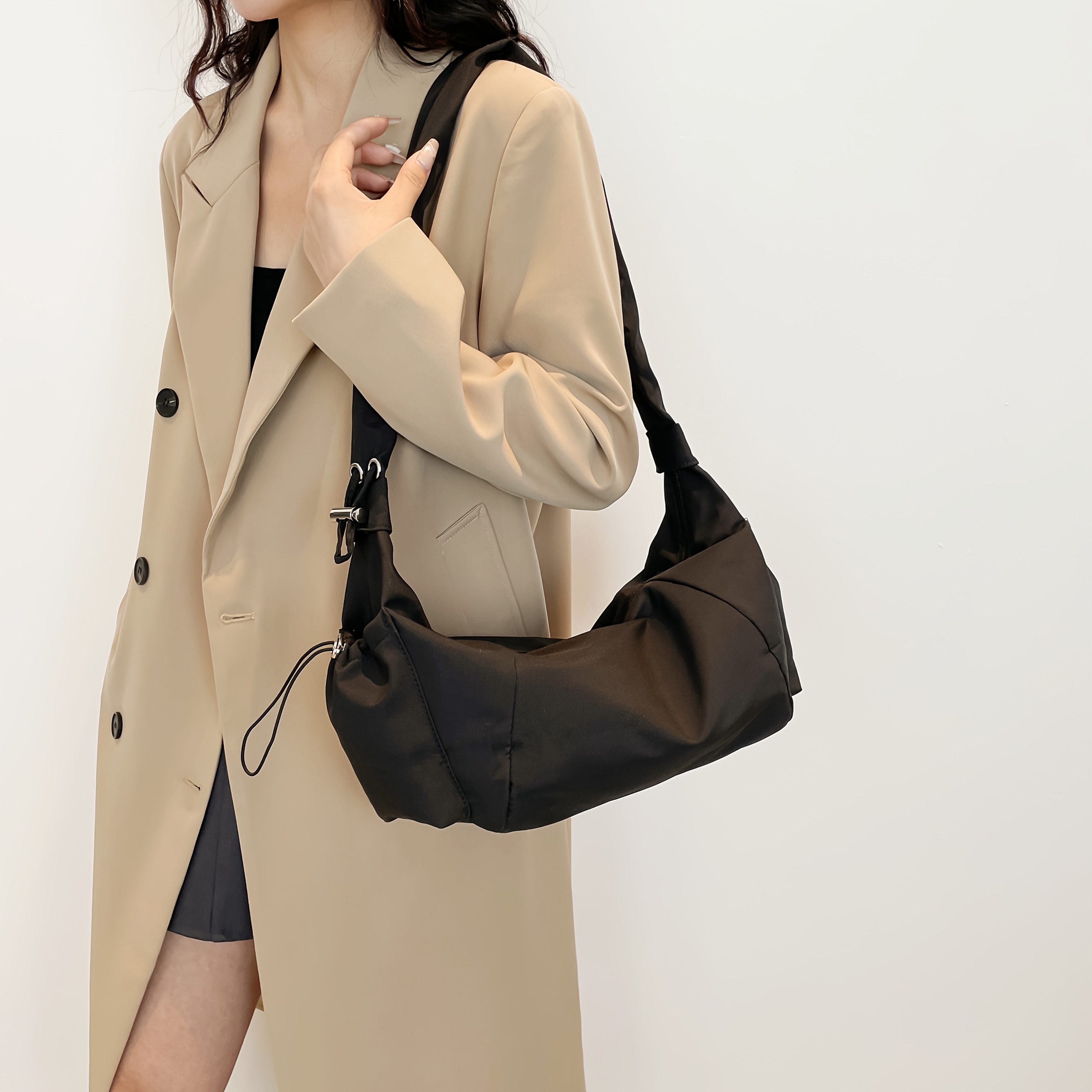 E-shop 1 Stück Nylon Stoff Multi-Pocket Dumpling Bag, Damen Freizeit Plissee Kordelzug Crossbody Schultertasche, Weicher und Schlampiger Stil