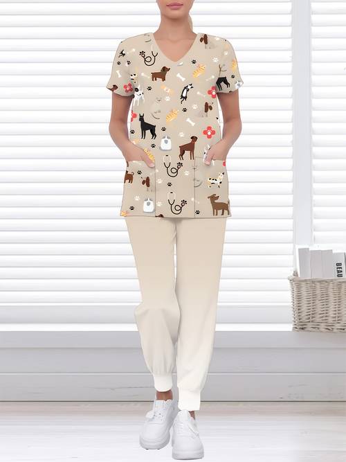 cute puppy print scrub set v neck short sleeve with pockets stretchy fabric uniform for healthcare professionals gift