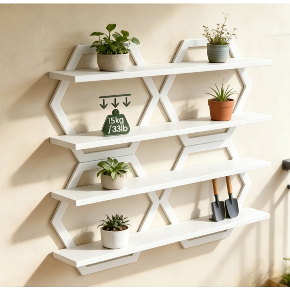 Image of 4 Hexagonal Floating Shelves, Wall-mounted Double-layer Hanging Shelves, 4pcs Set, Retro Decorative Wall Cabinet, Suitable For Living Room, Bedroom And Kitchen