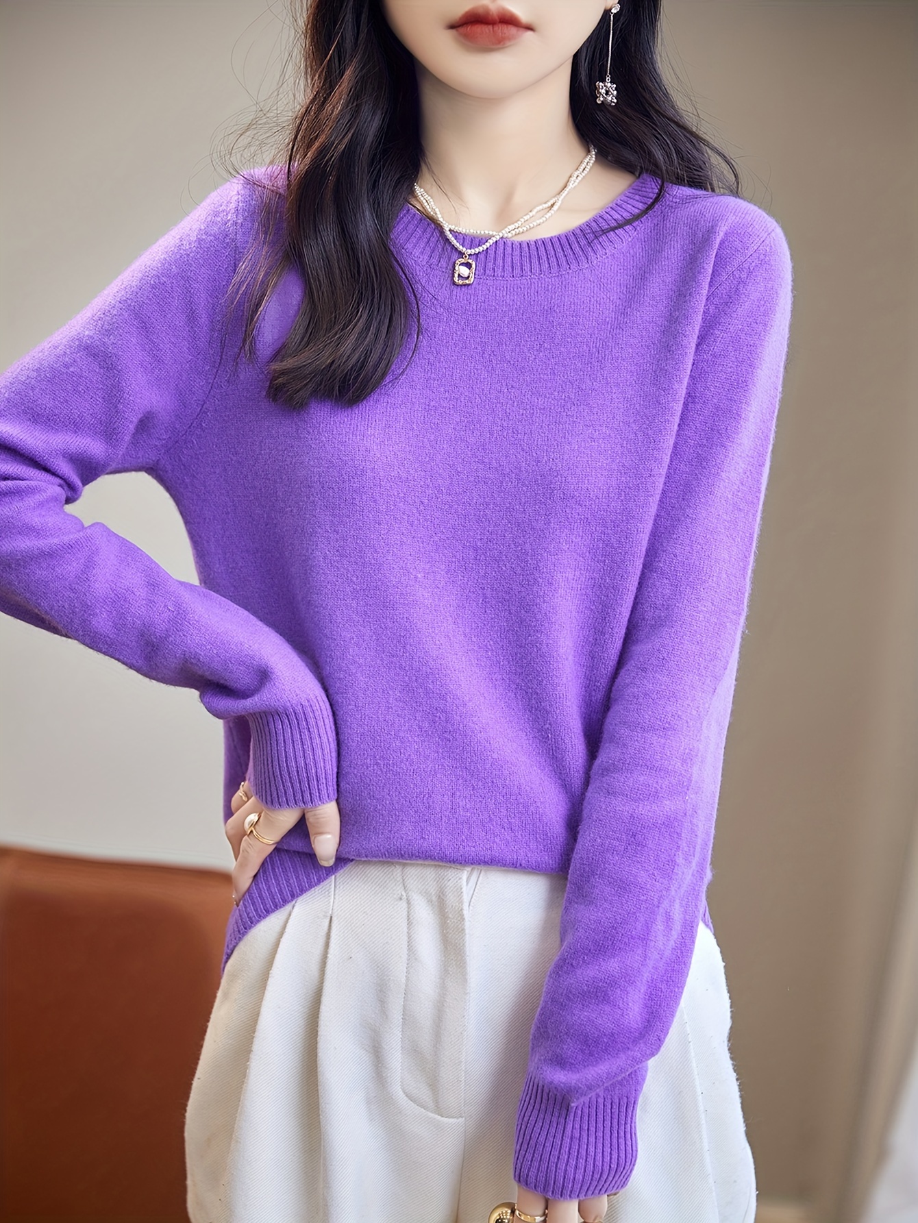 solid crew neck wool pullover sweater elegant long sleeve cozy sweater womens clothing purple 3