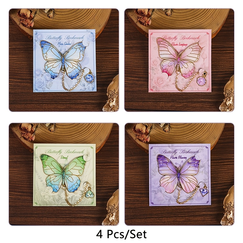 TEMU Ensemble de 4 marque-pages papillon esthétiques et colorés avec pendentif chaîne, matériau en fer, clip de page , marque-page papillon en métal,