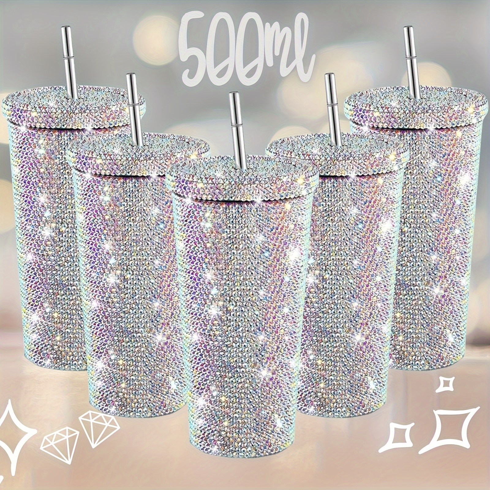 

500ml Rhinestone Stainless Steel Water Bottle With Straw, Double-wall Insulated, Bpa Free, Hand Wash - Glittering Diamond Vacuum For Outdoor Camping, Hiking, Driving & Travel With Cleaning Brushes