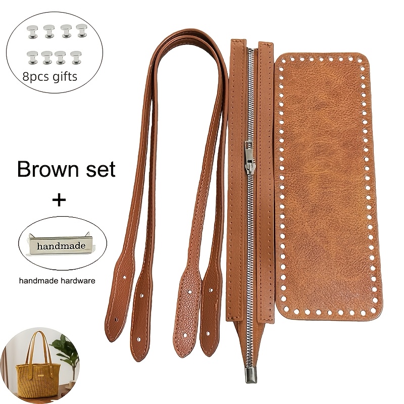 TEMU With Gifts Elegant 4pcs Faux Leather Bag Bottom And Strap Set, Handbag Weaving Supplies With Zipper And Hardware, Professional Crochet Bag Base