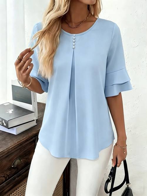 elegant fashion summer loose solid round neck button up shirt flared sleeve ruffle top