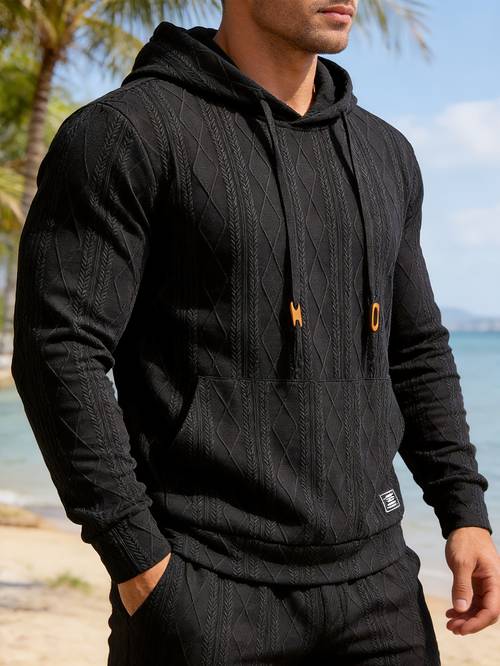 sudadera casual de punto elástico simple para hombre, sudadera con capucha de jacquard texturizado de color liso y de moda con cordón y , diseño de color de , adecuada para casual , tendencia de ropa simple, sudadera con capucha de larga para