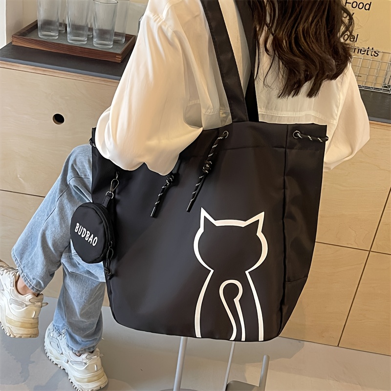 TEMU 女性用 大容量トートバッグ - かわいい子猫＆猫デザイン マグネットクロージャー クロスボディ/ショルダーハンドバッグ, 耐久性のある生地と頑丈なストラップ - ブラック/ホワイト 猫テーマのバッグ 日常・ジム・旅行に最適 - 女性への完璧なギフト