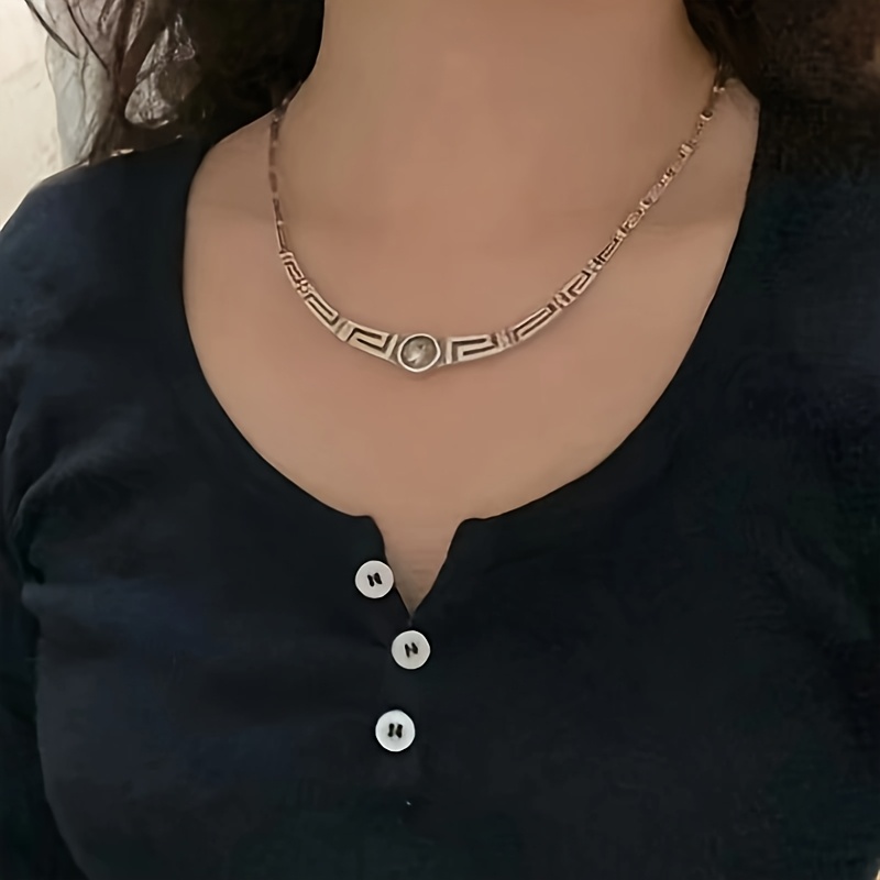 TEMU Medieval Ancient Greek Silvery Spliced Necklace, Light Luxury Niche High-value Design, Vintage Versatile Clavicle Chain 68