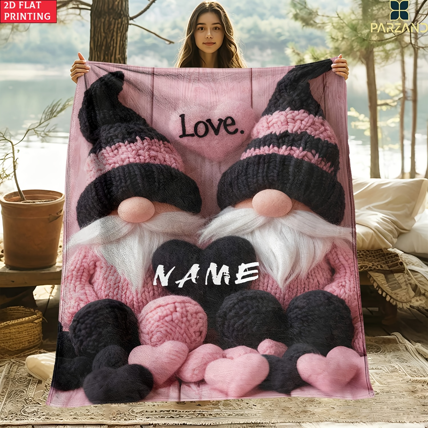 TEMU 1pc Custom Name Black-pink Gnomes, Hearts "love". Portable Blanket - Lightweight Throw For Sofa Bed Travel Camping, Living Room Office Couch