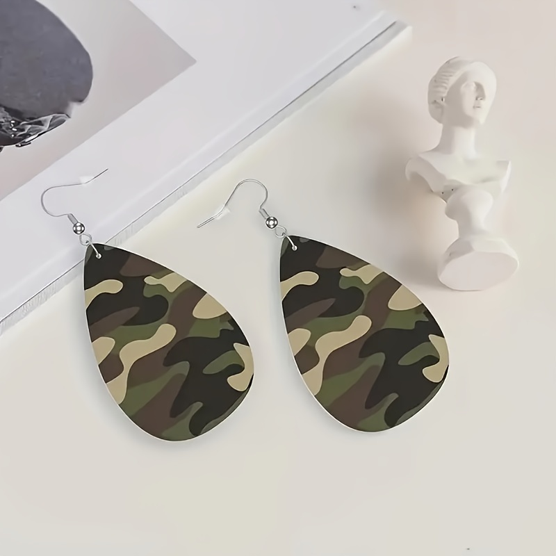 TEMU A Pair Of Retro Bohemian-style Camouflage-pattern Teardrop Earrings | Acrylic With Lightweight Alloy -shaped , Olive Shape, Suitable For Casual