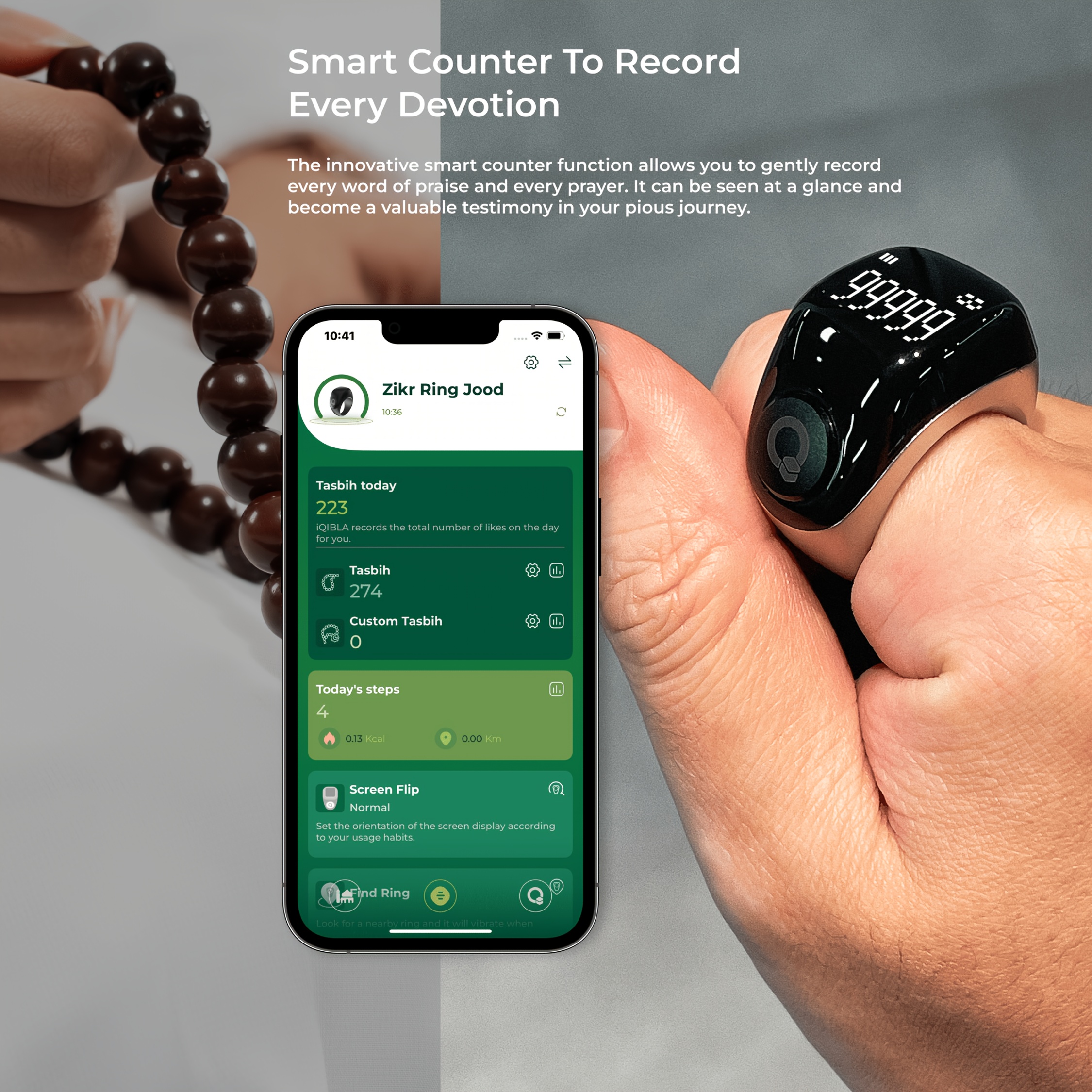 „iQIBLA Smart Zikr Žiedas JOOD Pro | 5 Maldos Laiko Priminimai | Tasbih Išmanusis Skaitiklis | Stipresnis Sekimas iki 65000 Skaičių | iQIBLA Social Life Programėlė | Laisvai Reguliuojamas Tinkamo Dydžio Žiedas“