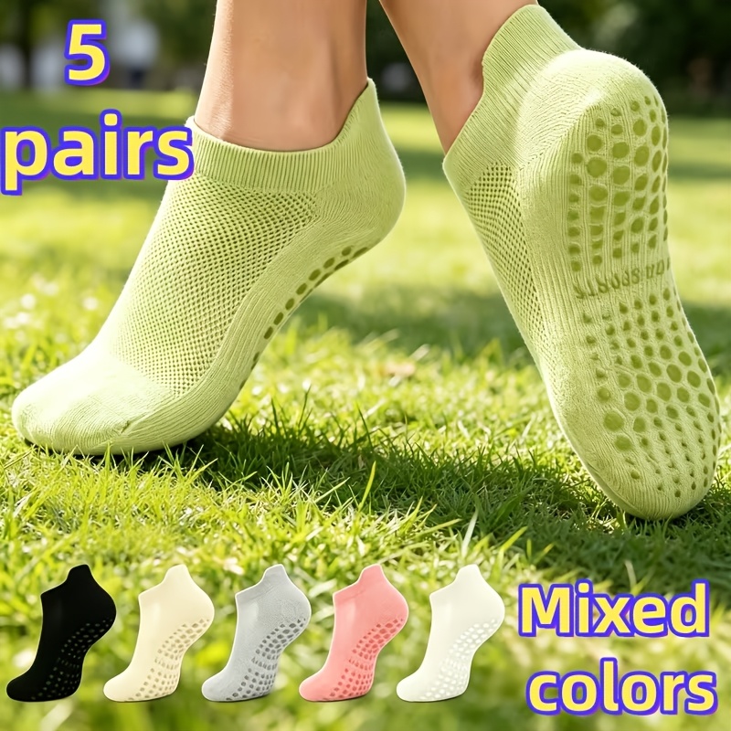 TEMU 10pcs (5 Pairs) Of Non-slip Yoga Socks- Featuring A Non-slip , Made Of Polyester Fiber Suitable For , Machine Washable, And In Random Colors.