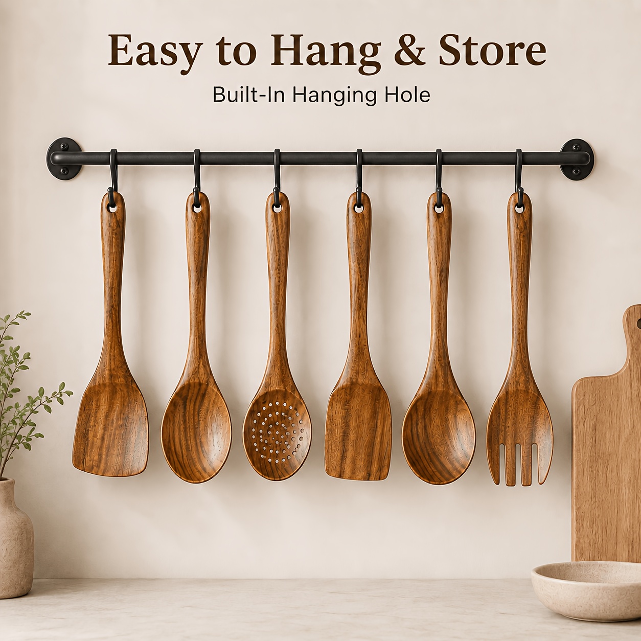 TEMU 6pcs Natural Teak Wooden Utensils Set, Wooden Spoons Set For Cooking - Heat Resistant, Natural Healthy Spatula Set With Hanging Holes - Durable,