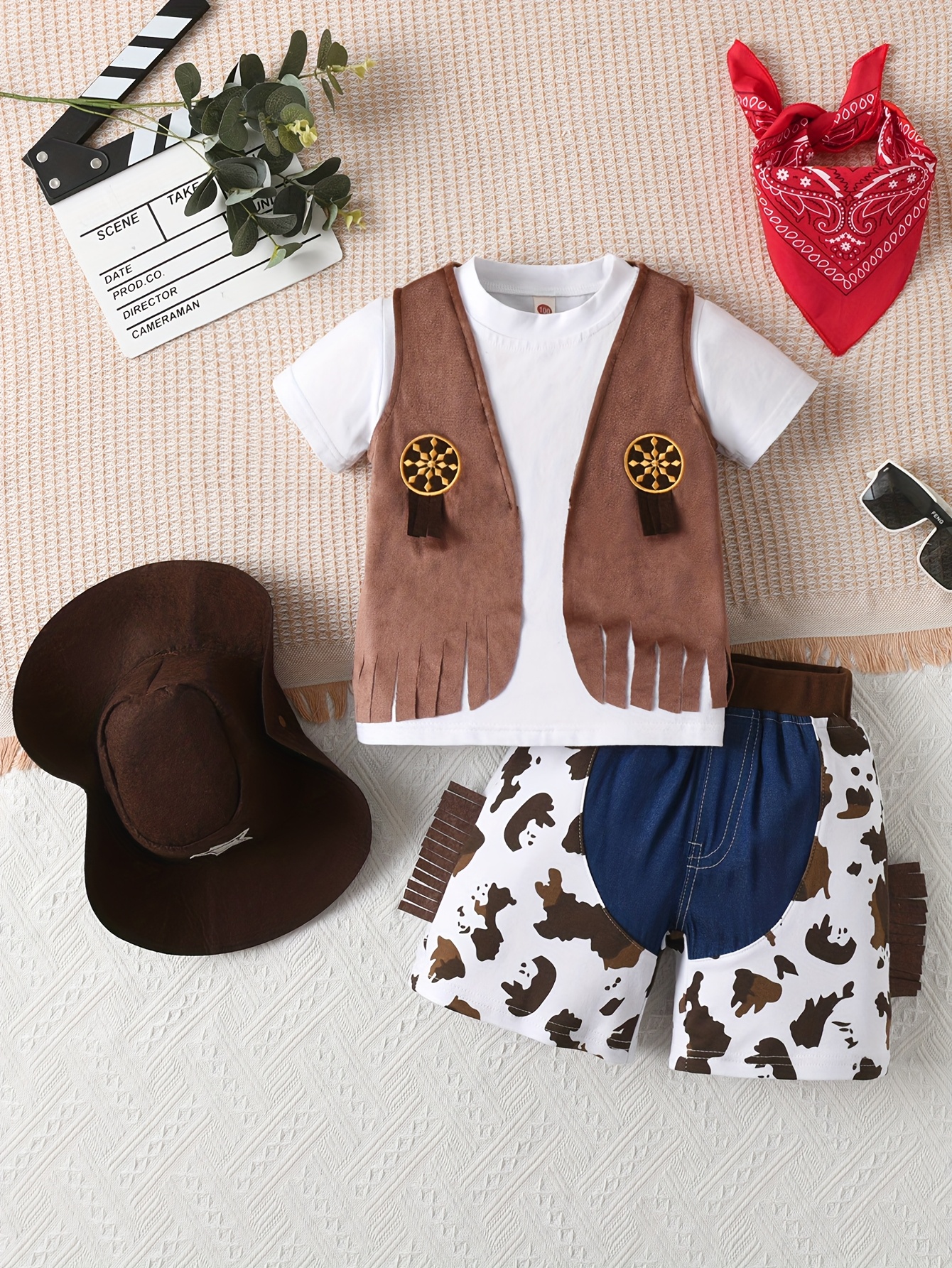 Traje de vaquero para niños Chaleco de manga corta, pantalones cortos  de camuflaje y conjunto de sombrero con bandana decorativ
