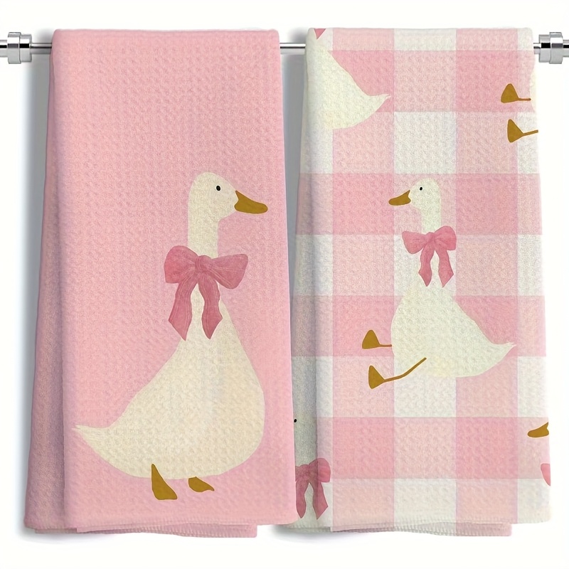 TEMU 2pcs Of Pink Bow Goose Beautifully Printed Dishcloths, Scouring Pads, Hand Towels, Tea Towels, Super Soft And Absorbent, Kitchen Decoration,