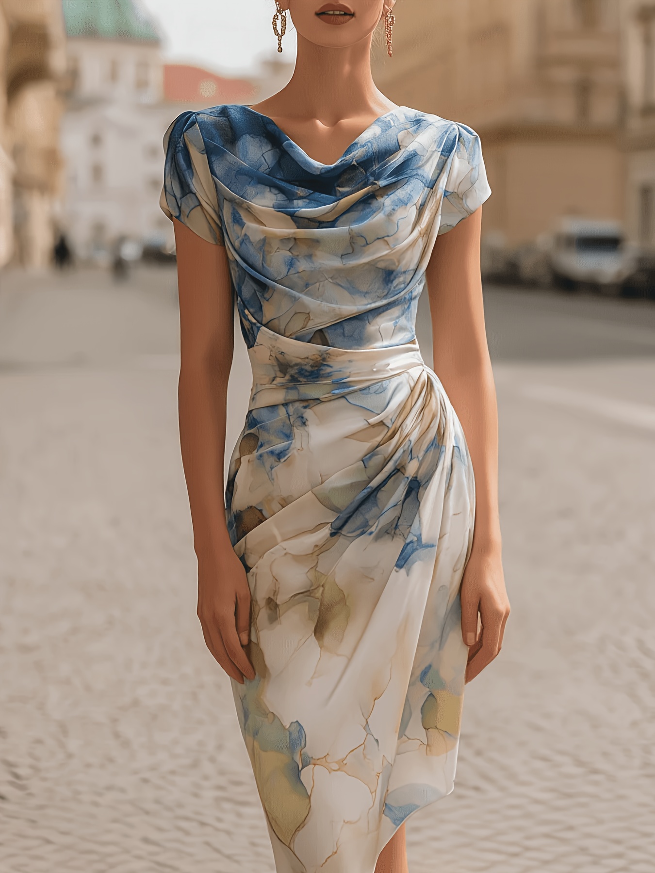 mist blue gilded water ink gradient print dress
