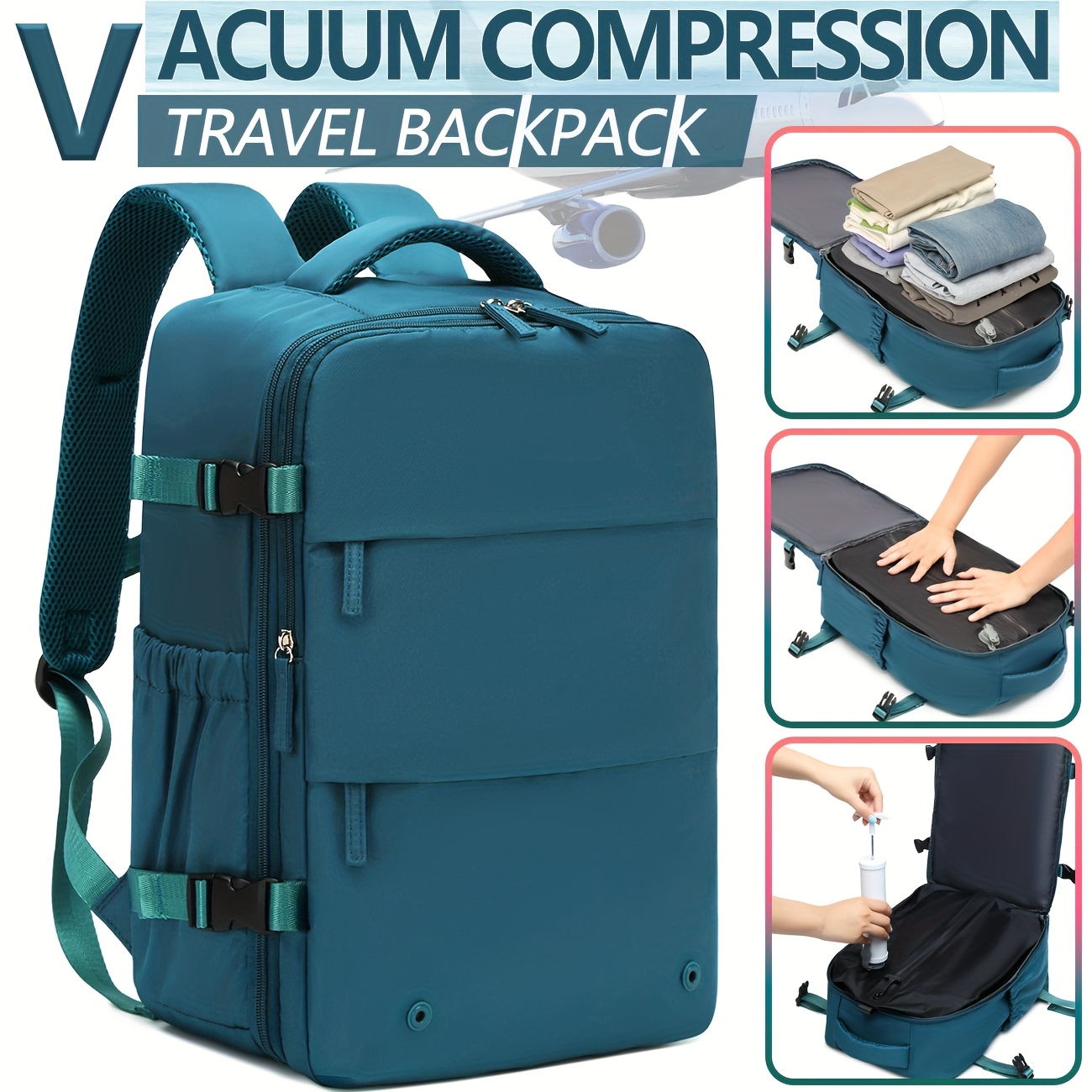 TEMU Ryanair Approved Vacuum Compression Travel Bag - 15.75x7.87x9.84 Inches Large Capacity Backpack With 2 Compartments, Durable Nylon, Multiple