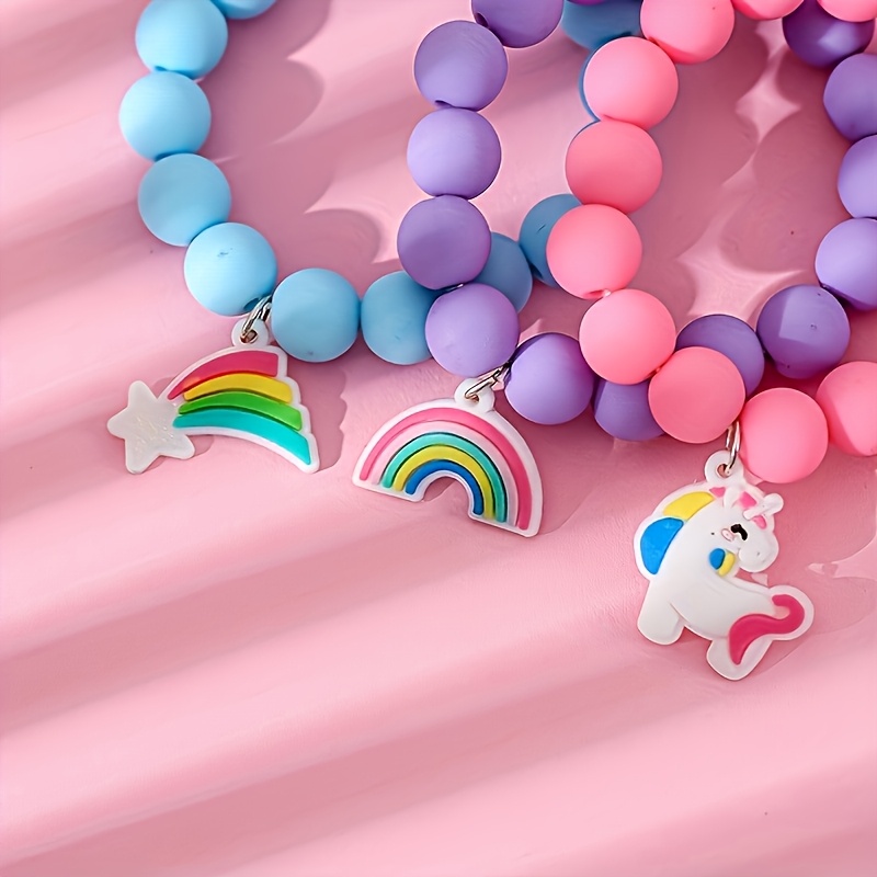 3pcs Cute Unicorn Rainbow Beaded Elastic Bracelets Set for Girls