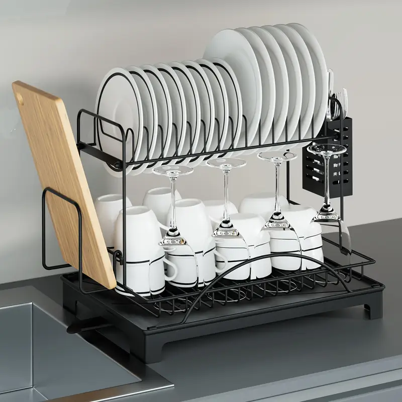 2 3 tier large dish drying rack with heavy duty iron kitchen organizer for dishes utensils cups knives space saving countertop storage with lower compartment Product details 7