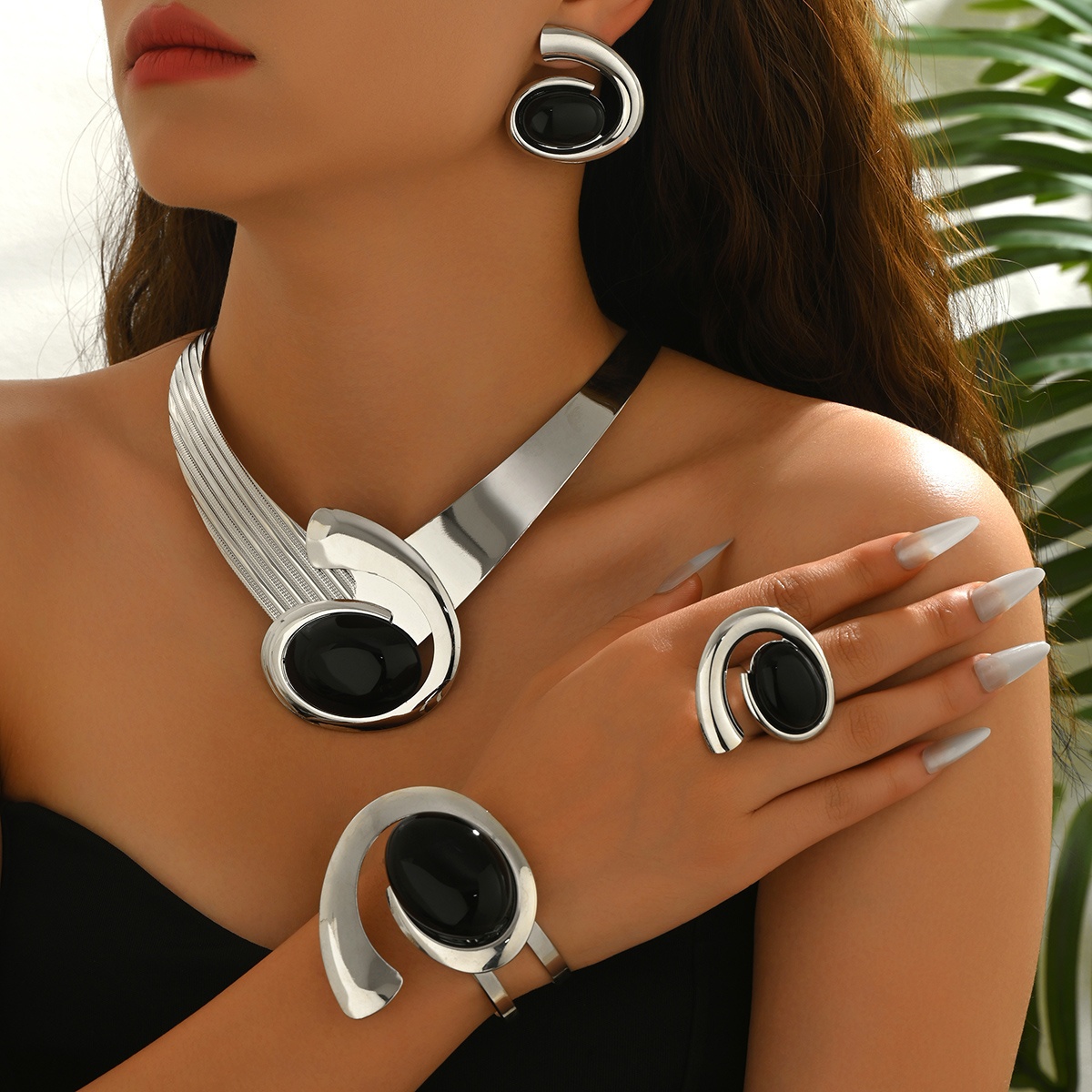 TEMU 5pcs Women's Jewelry Set - Elegant Acrylic Geometric Pendant Necklace, Earrings, Rings & Bracelet Matching Outfit Set | Durable For Parties,