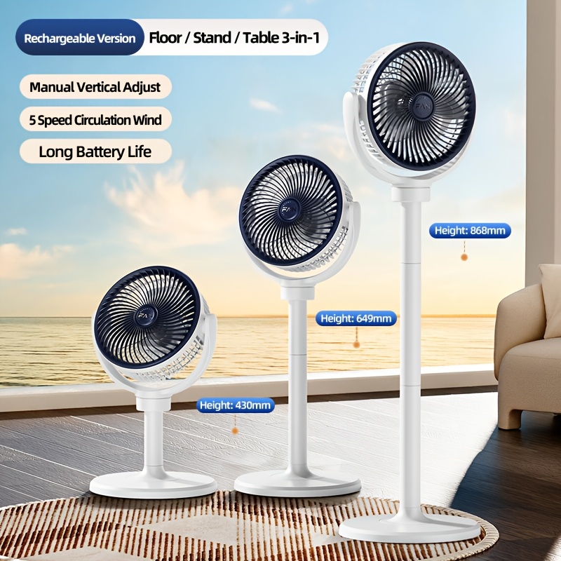 TEMU Ventilateur de sol réglable en 3 hauteurs | 5 vitesses, port de chargement USB, batterie 2400Mah, utilisation sur bureau et , parfait , , , la