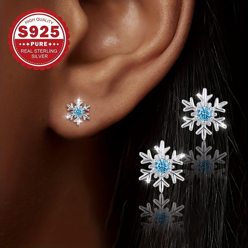 Image of S925 Silvery Snowflake Earrings For Women, Elegant Cute Design, Perfect Christmas And New Year Gift, Ideal For Daily Wear And Fresh Piercings, Hypoallergenic