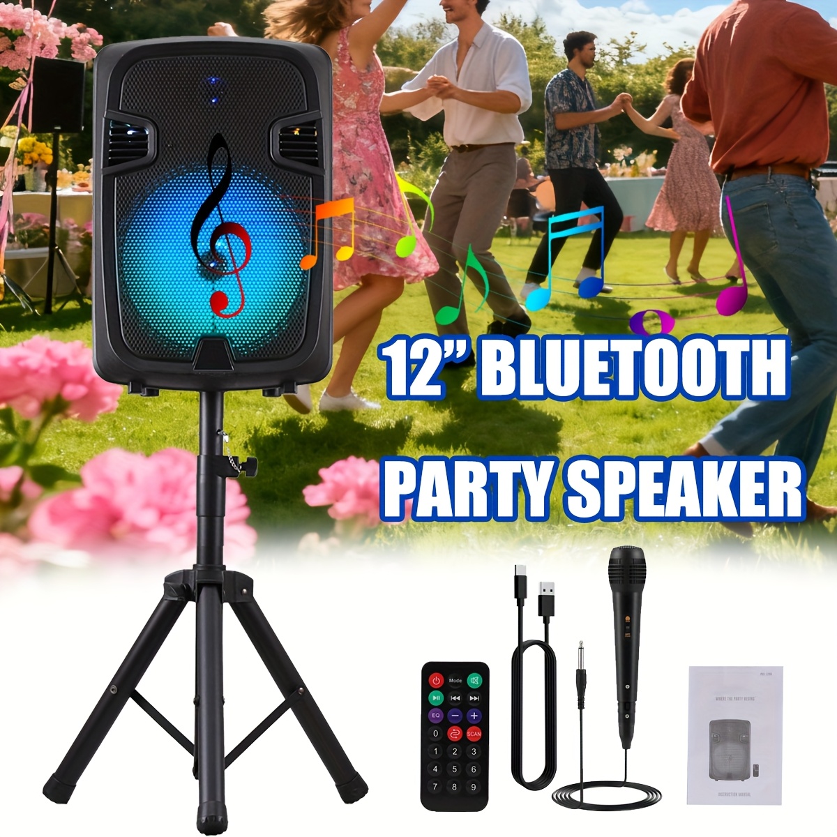 TEMU 12" Woofer Wireless Rechargeable With 1.5" Tweeter, Speaker Stand And Wired Microphone, Portable Bt Wireless Led Powerful Sound System Christmas