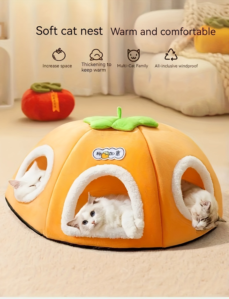 1pc cozy persimmon shaped cat bed with     warm thickened pet nest for cats non slip bottom soft plush material   with green leaves   multi cat families cute cat bed Product details 0
