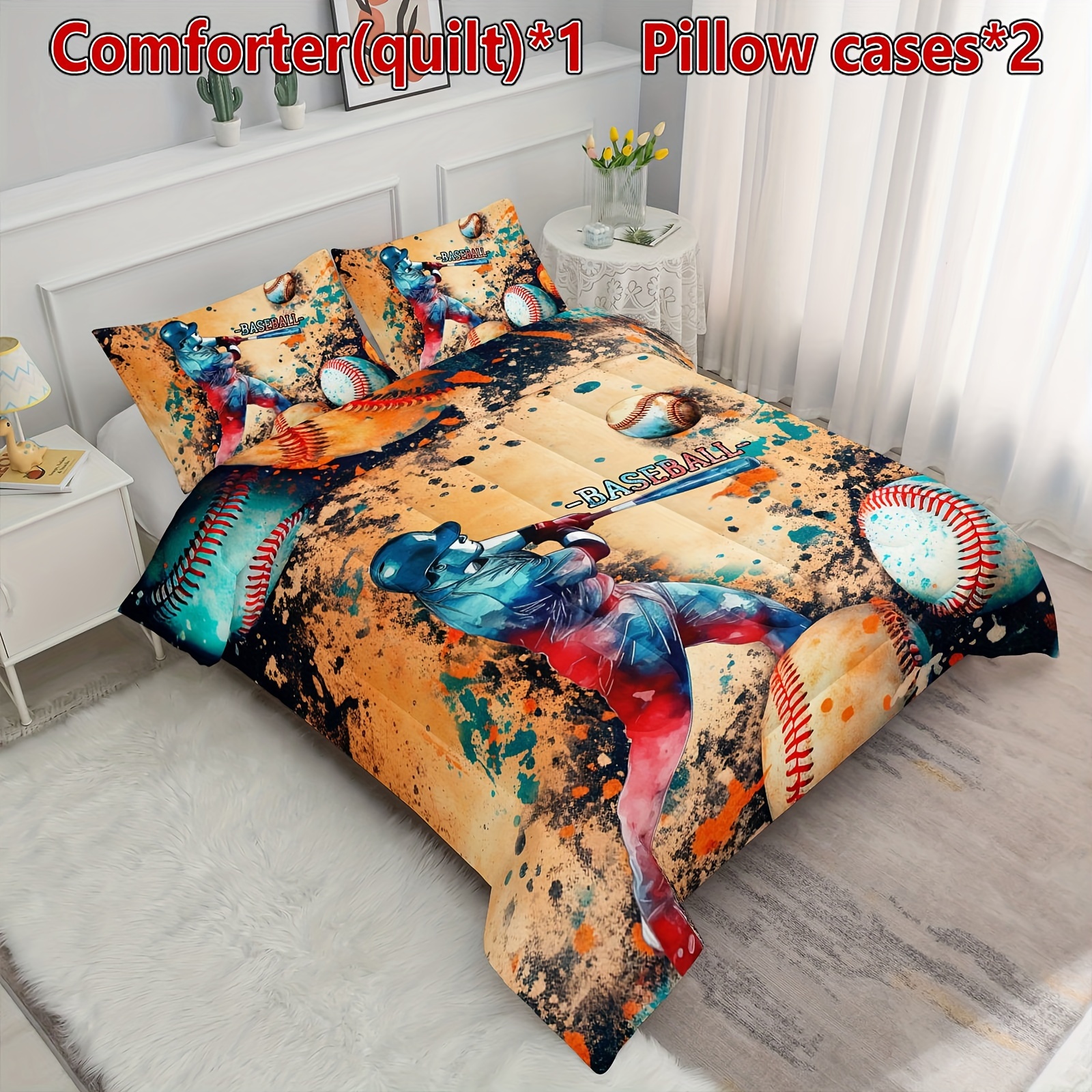 Baseball Bedding Comforter Baseball Printed Pattern Quilt with Comforter  and Pillowcases for Boys and Girls Bedroom