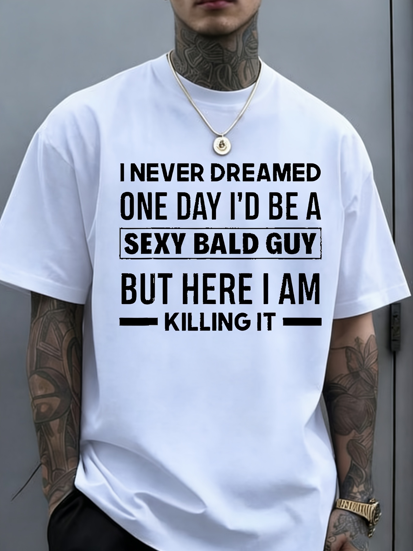 Humorous Quote TShirt for Bald Men Made of Crew Neck Design Casual Streetwear Medium Stretch Graphic Patterned Top Suitable for Sports And Celebrations Blackpixianai01, PLUS SIZE
